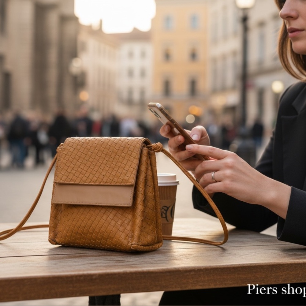 Sondra Robert’s woven leather crossbody bag with 2 front flaps and back pocket - Picture 3 of 4